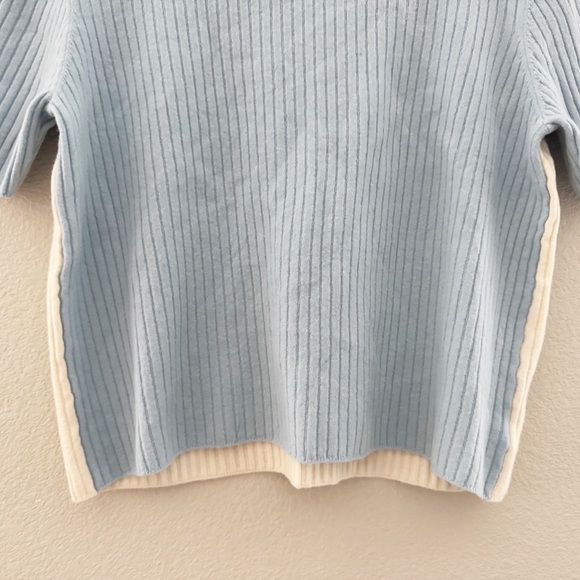 Akris Punto Virgin Wool Short Sleeve Sweater Womens US 14 Blue Cream Ribbed Crew - Picture 9 of 13
